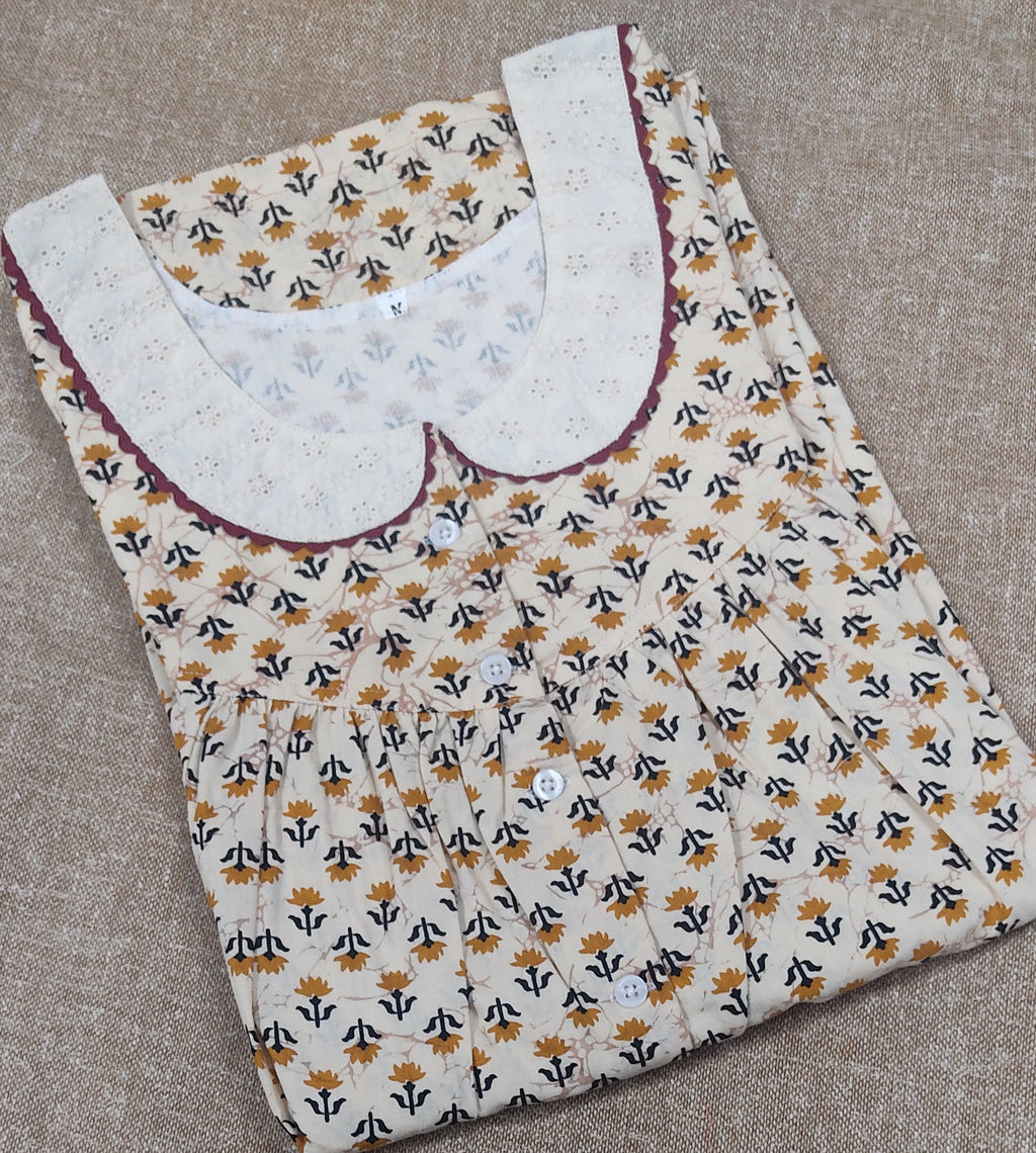 Cotton Pleated , With Pockets, Half Open, Extra Long Medium Printed Nighty