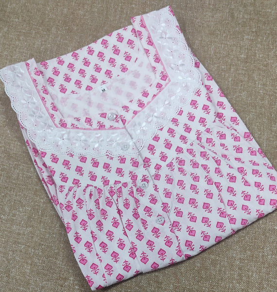 Cotton Pleated , With Pockets, Half Open, Extra Long Medium Printed Nighty