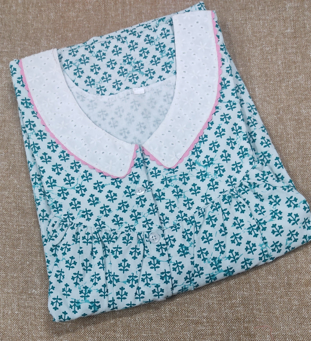 Cotton Pleated , With Pockets, Half Open Medium Printed Nighty