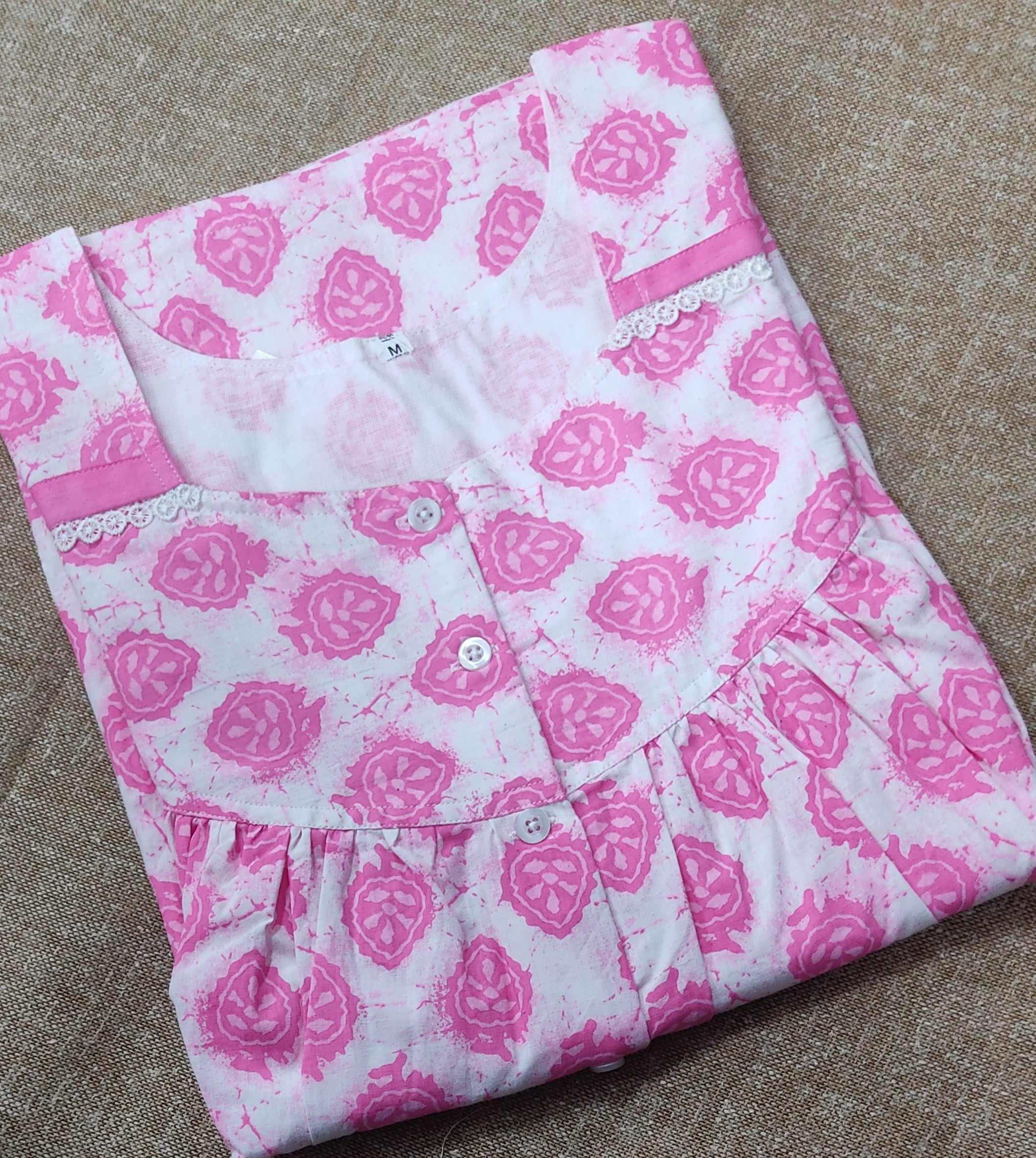 Cotton Pleated , With Pockets, Half Open Medium Printed Nighty