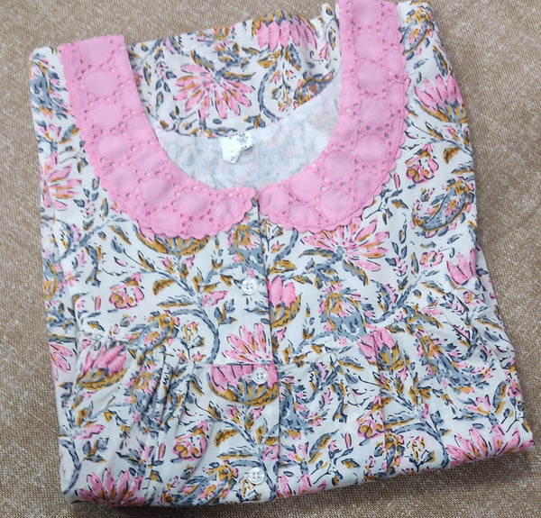 Soft Cotton Pleated , With Pockets, Half Open Medium-Large Printed Nighty