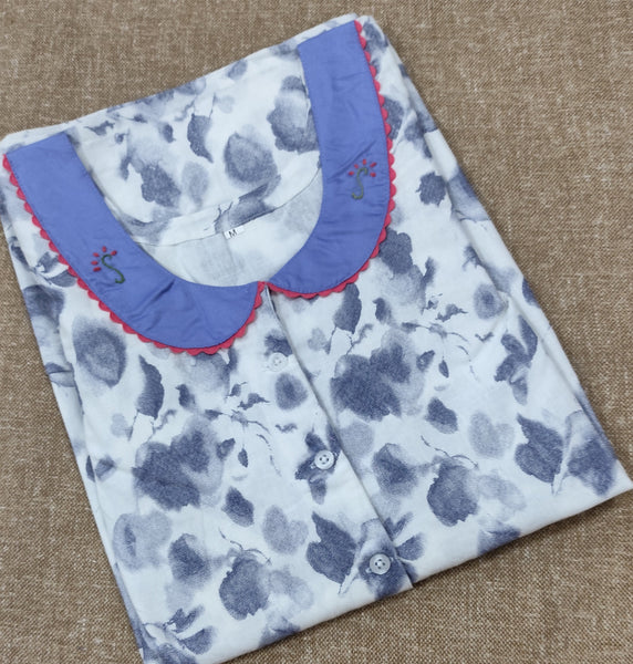 Cotton With Pockets, Half Open, A-line churidar cut Medium Printed Nighty