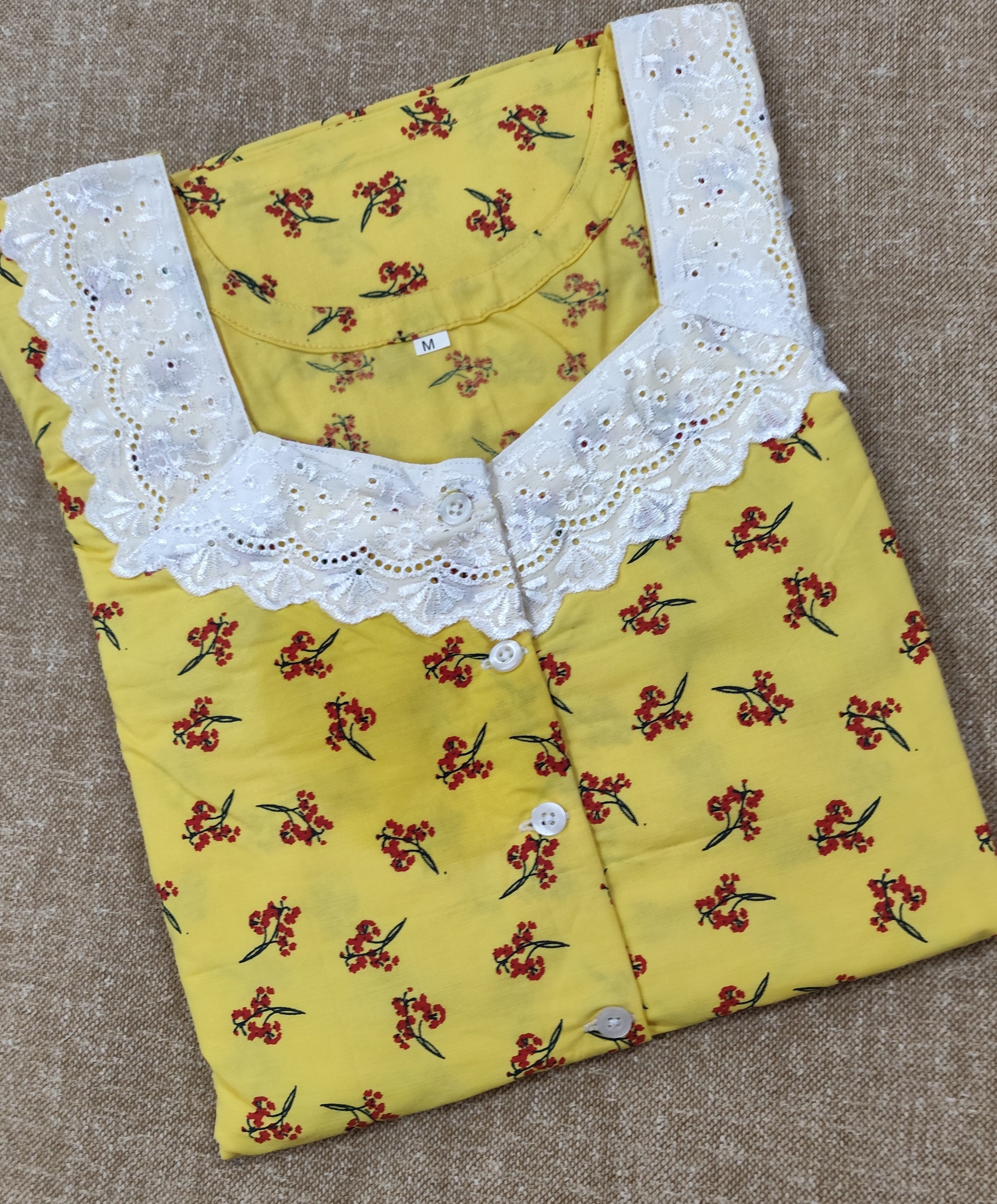 Cotton With Pockets, Half Open, A-line churidar cut Medium Printed Nighty
