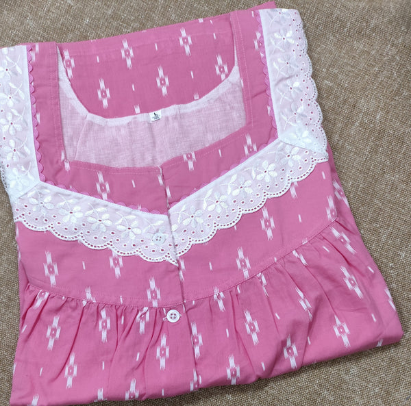 Soft Cotton Pleated, With Pockets, Half Open Large Printed Nighty