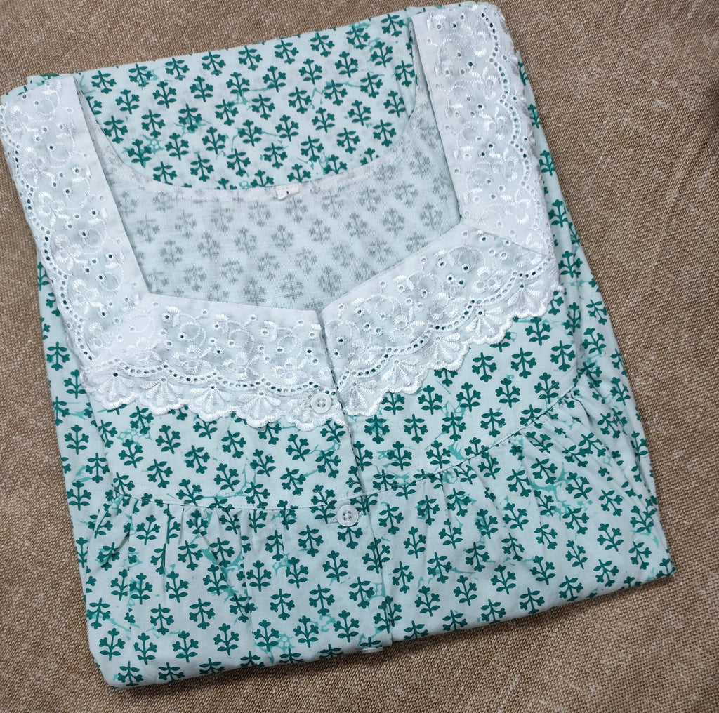 Cotton Pleated, With Pockets, Half Open Large Printed Nighty