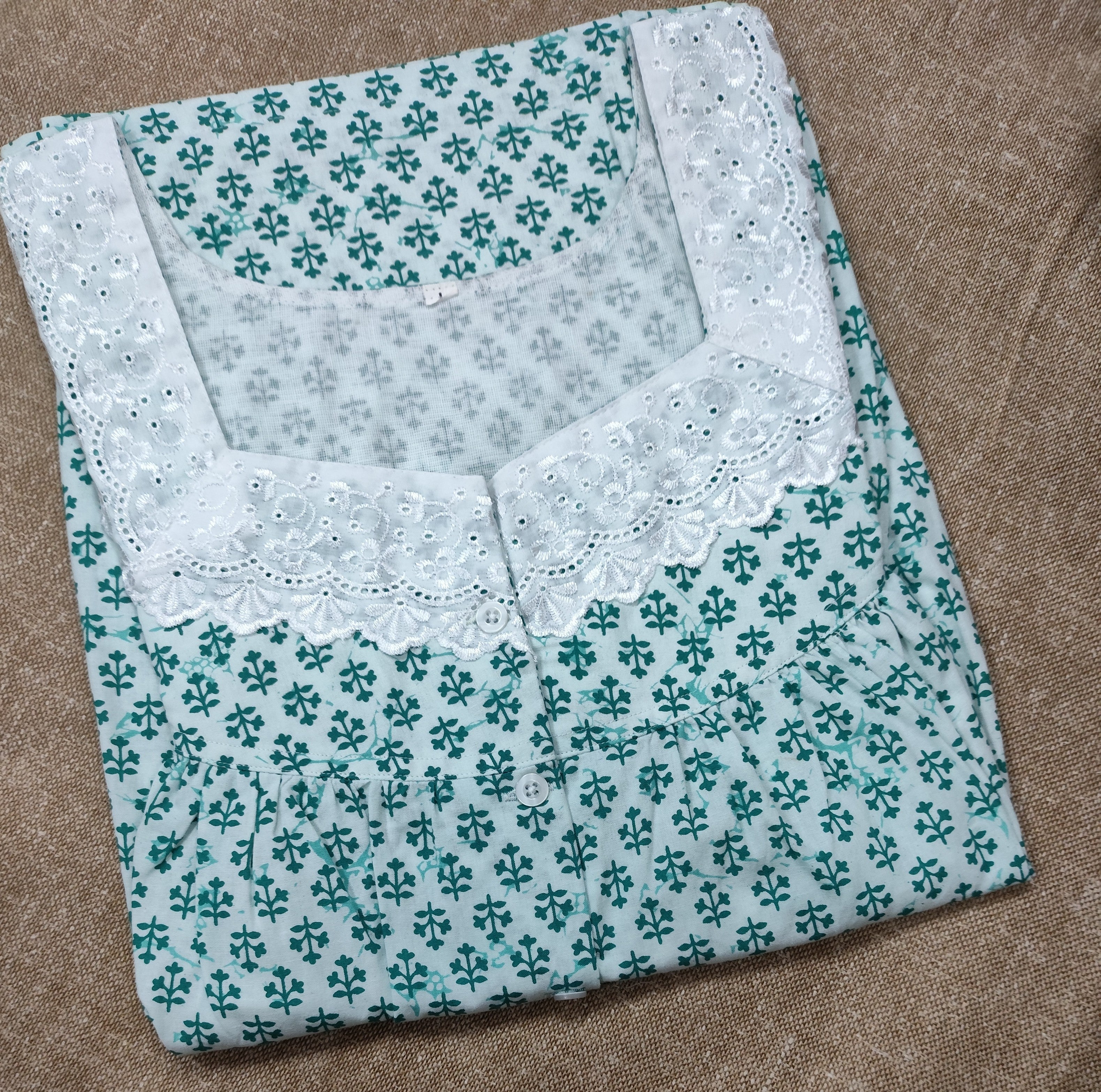 Cotton Pleated, With Pockets, Half Open Large Printed Nighty