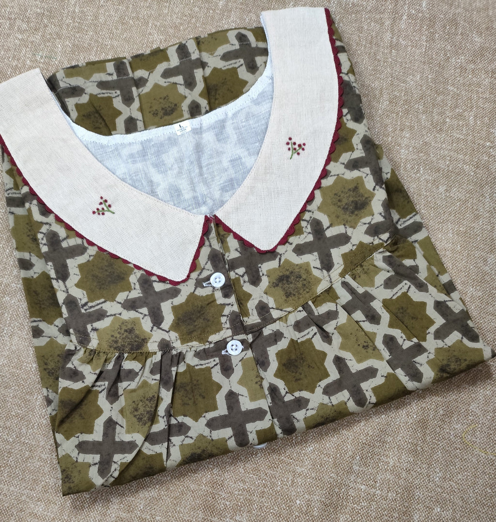 Soft Cotton Pleated, With Pockets, Half Open Large Printed Nighty