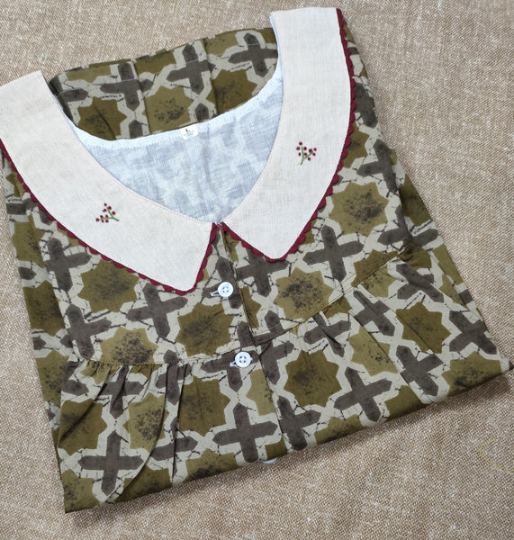 Soft Cotton Pleated, With Pockets, Half Open Large Printed Nighty