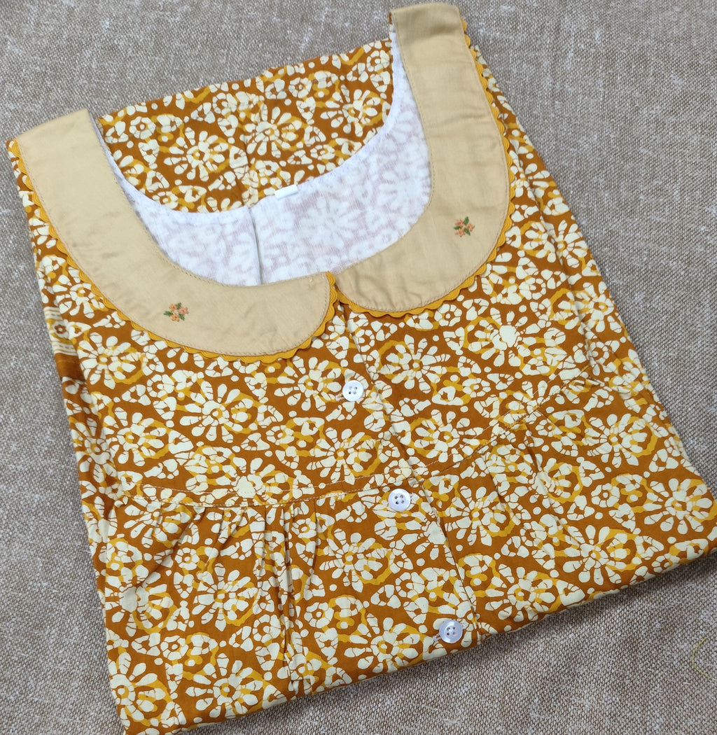 Cotton Pleated, With Pockets, Half Open Large Printed Nighty