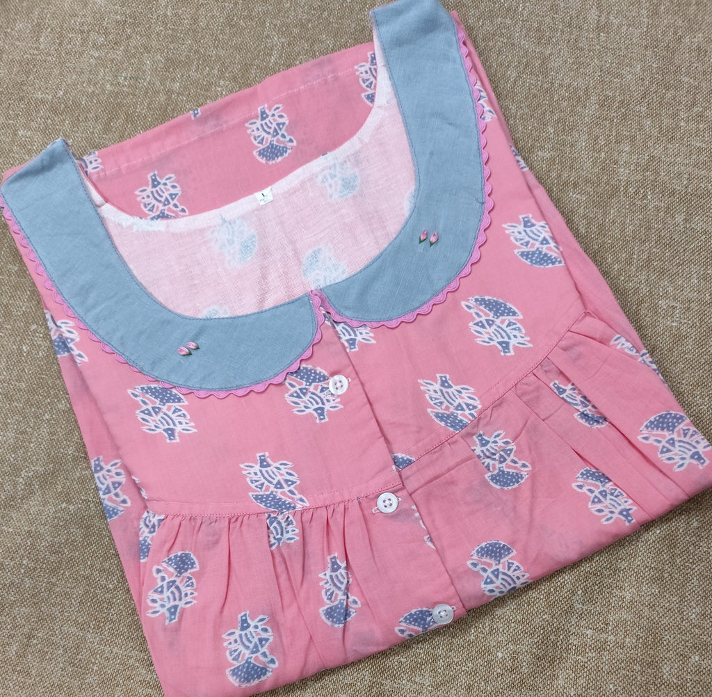 Soft Cotton Pleated, With Pockets, Half Open Large Printed Nighty