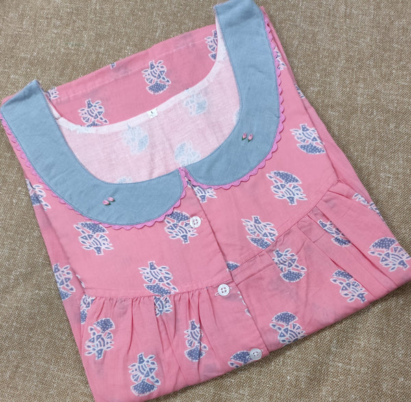 Soft Cotton Pleated, With Pockets, Half Open Large Printed Nighty