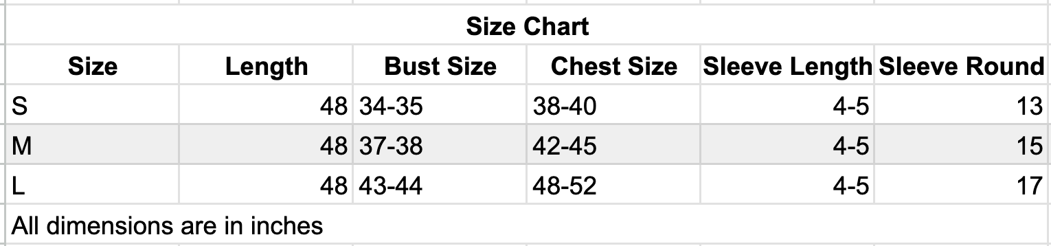 Maternity wear size chart