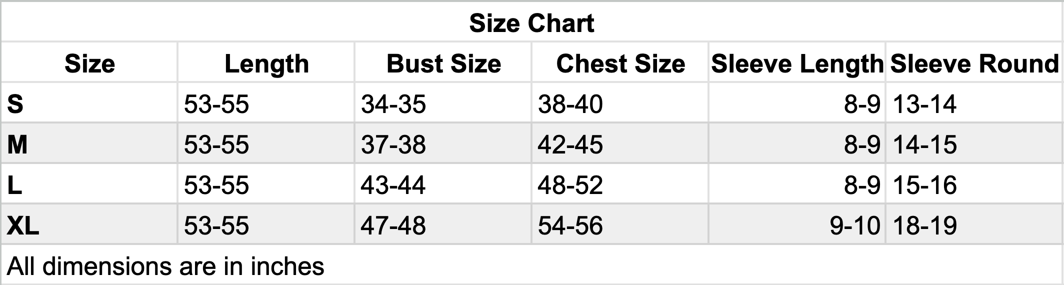 Nighty size chart