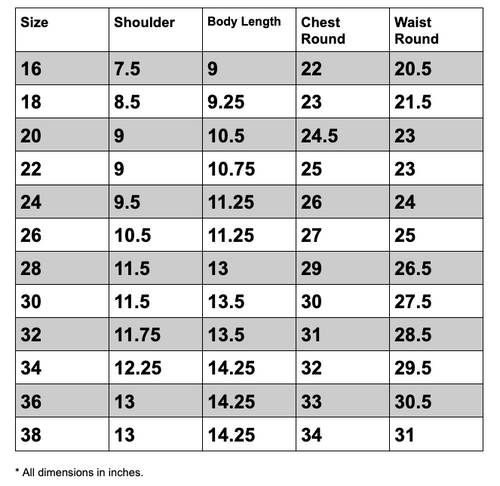 Size chart table 