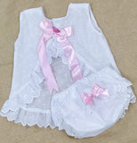 Back Open i-Frocks for girls  with pink bow and bloomer 0 months to 6 months old