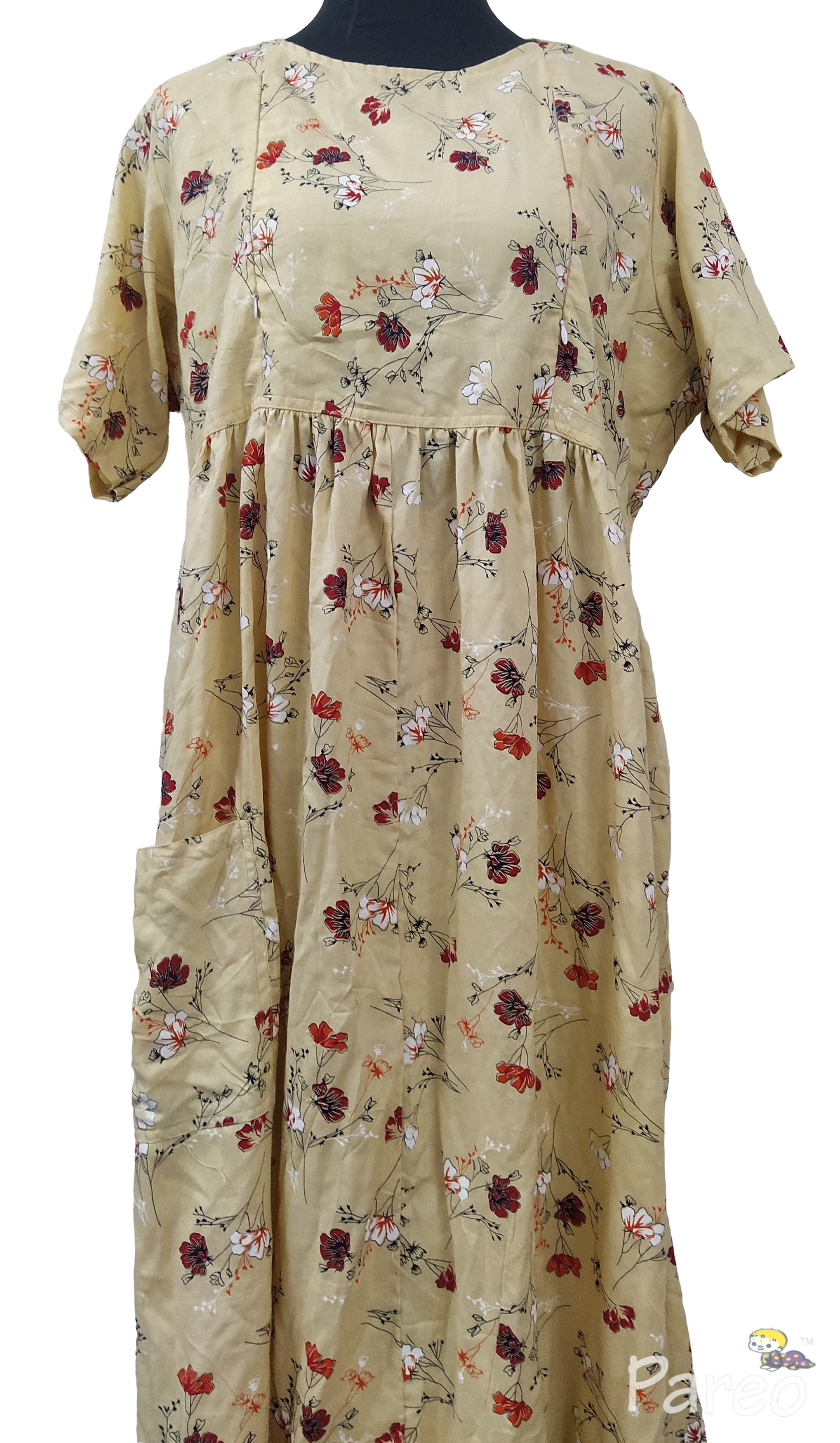 Rayon Side zip, Pleated , Pockets, Tying String Medium Printed Maternity Wear