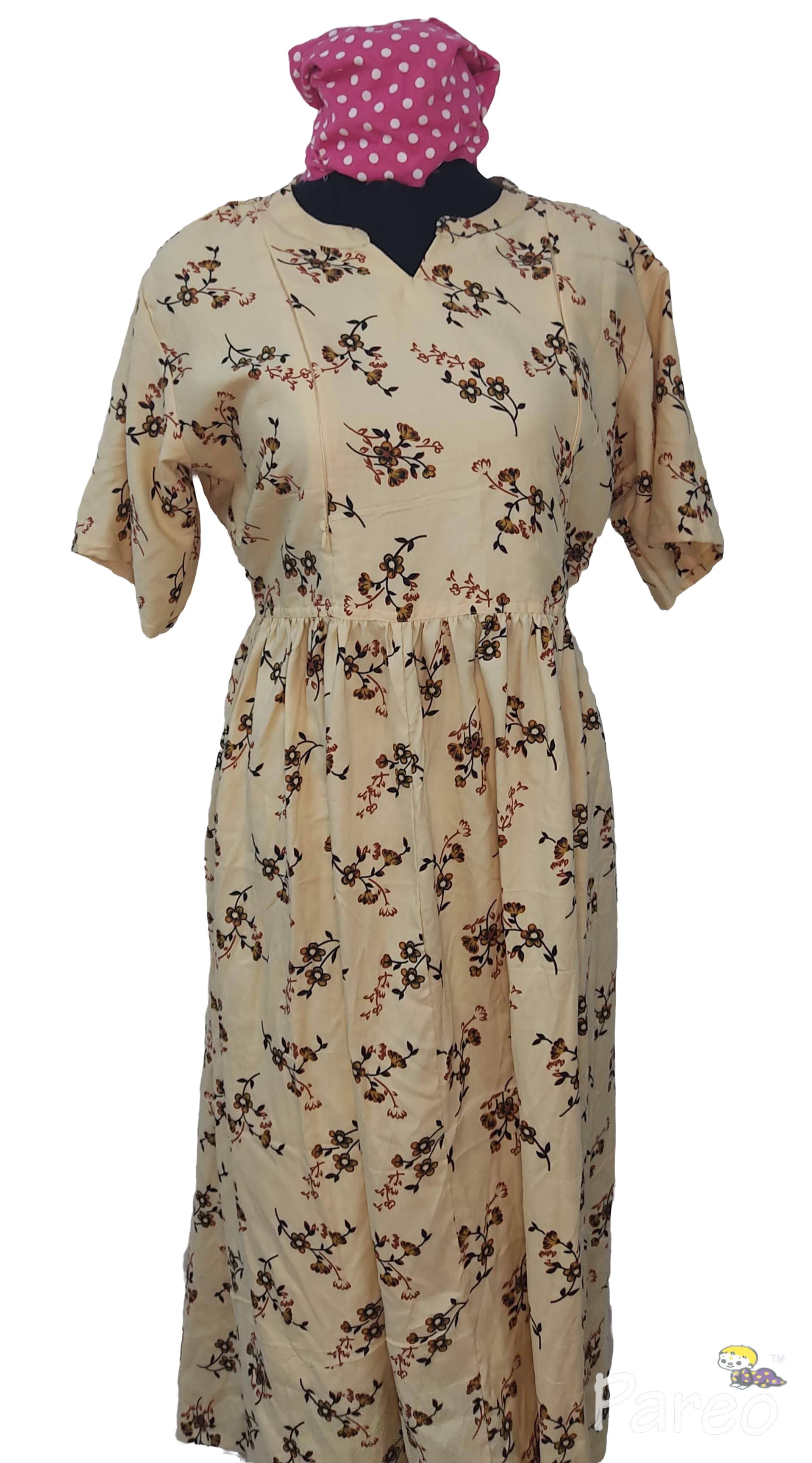 Rayon Side zip, Pleated , Pockets, Tying String Medium Printed Maternity Wear