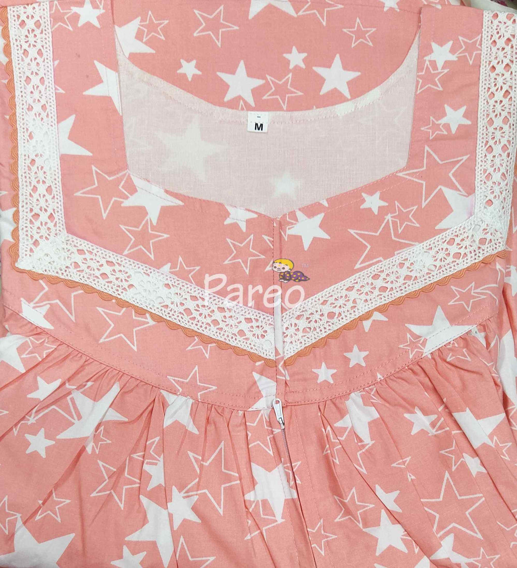 Cotton Pleated , With Pockets, Central zip Medium Printed Nighty