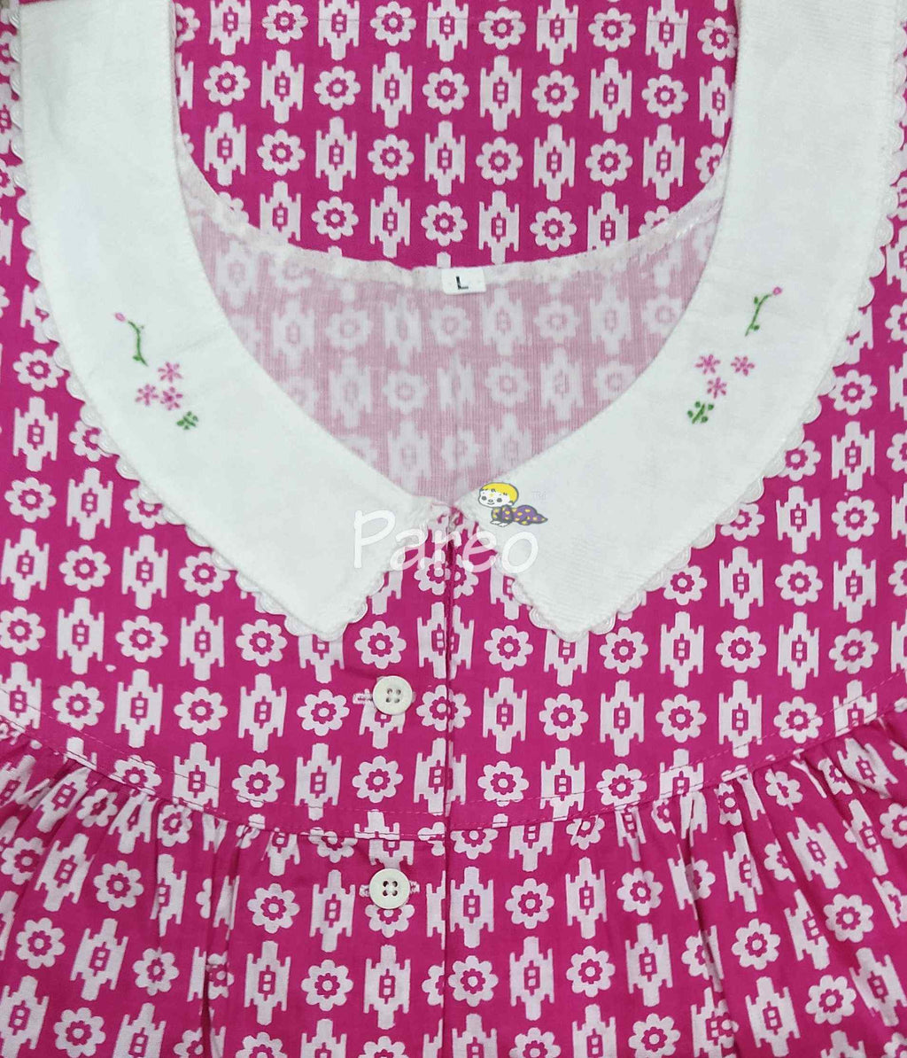 Cotton Pleated , With Pockets, Half Open Large Printed Nighty
