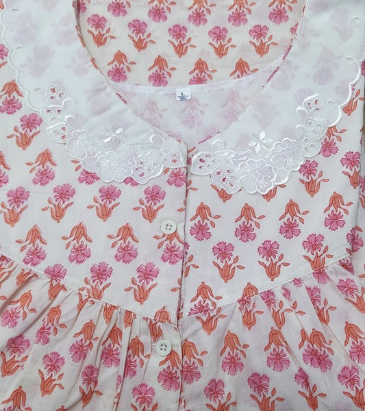 Soft Cotton With Pockets, Half Open Large Printed Nighty