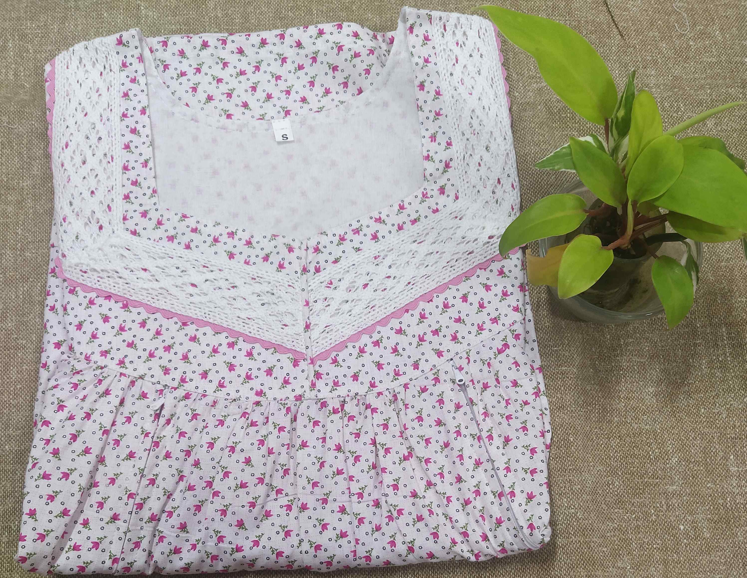 Cotton Side zip, With Pockets Small Printed Nighty