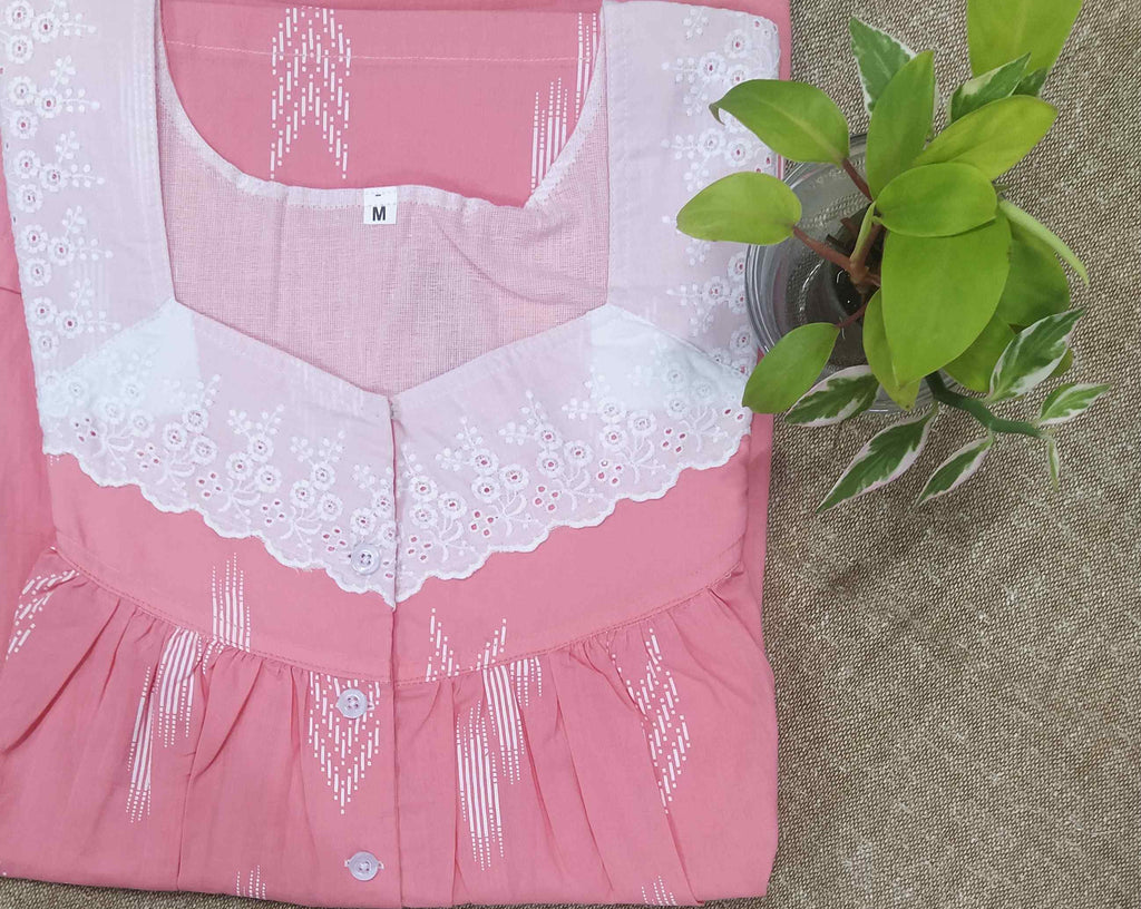 Soft Cotton With Pockets, Half Open Medium Printed Nighty