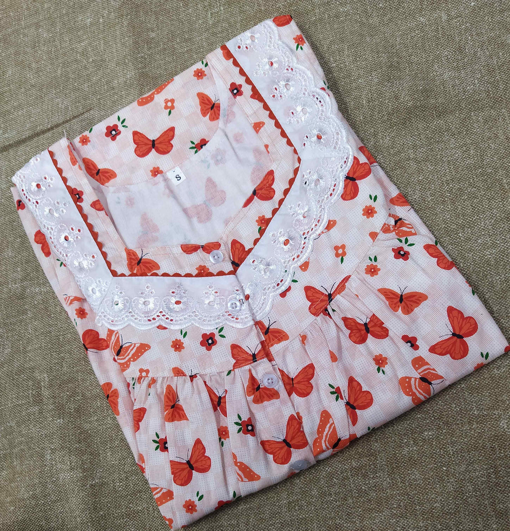 Cotton With Pockets, Half Open Small Printed Nighty