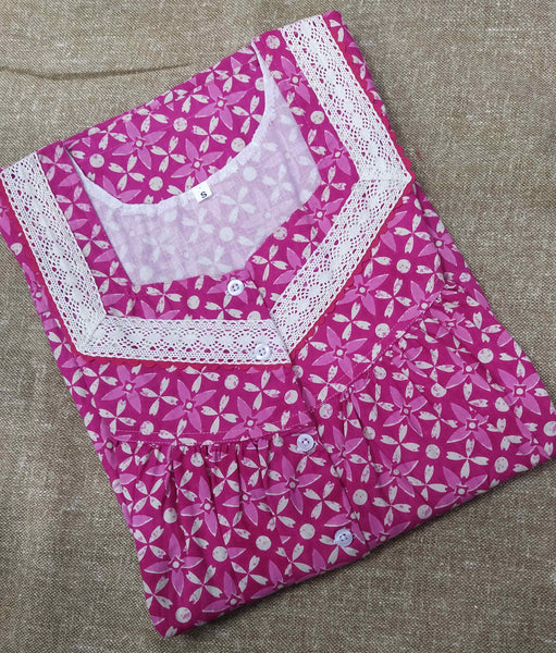 Cotton With Pockets, Half Open Small Printed Nighty