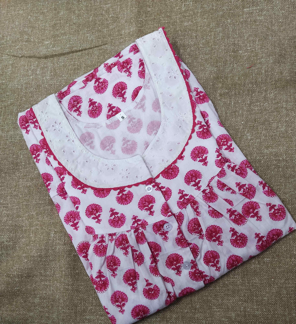 Cotton With Pockets, Half Open Small Printed Nighty