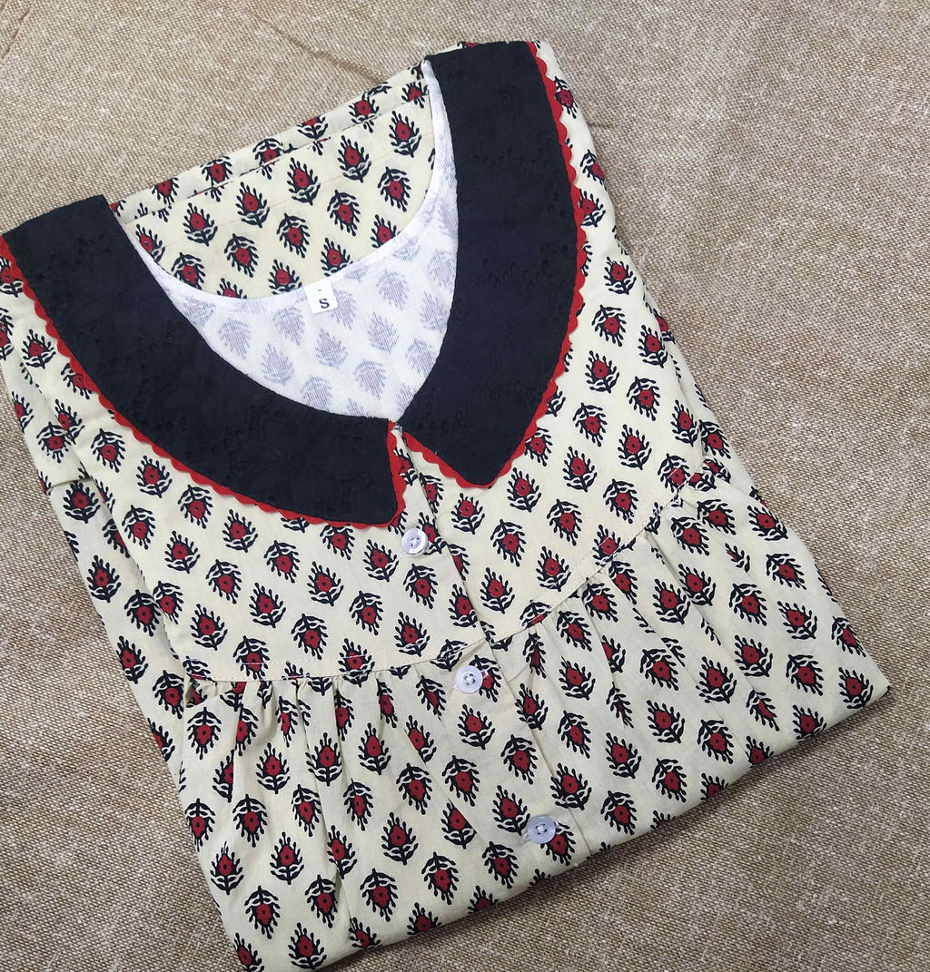 Cotton With Pockets, Half Open Small Printed Nighty