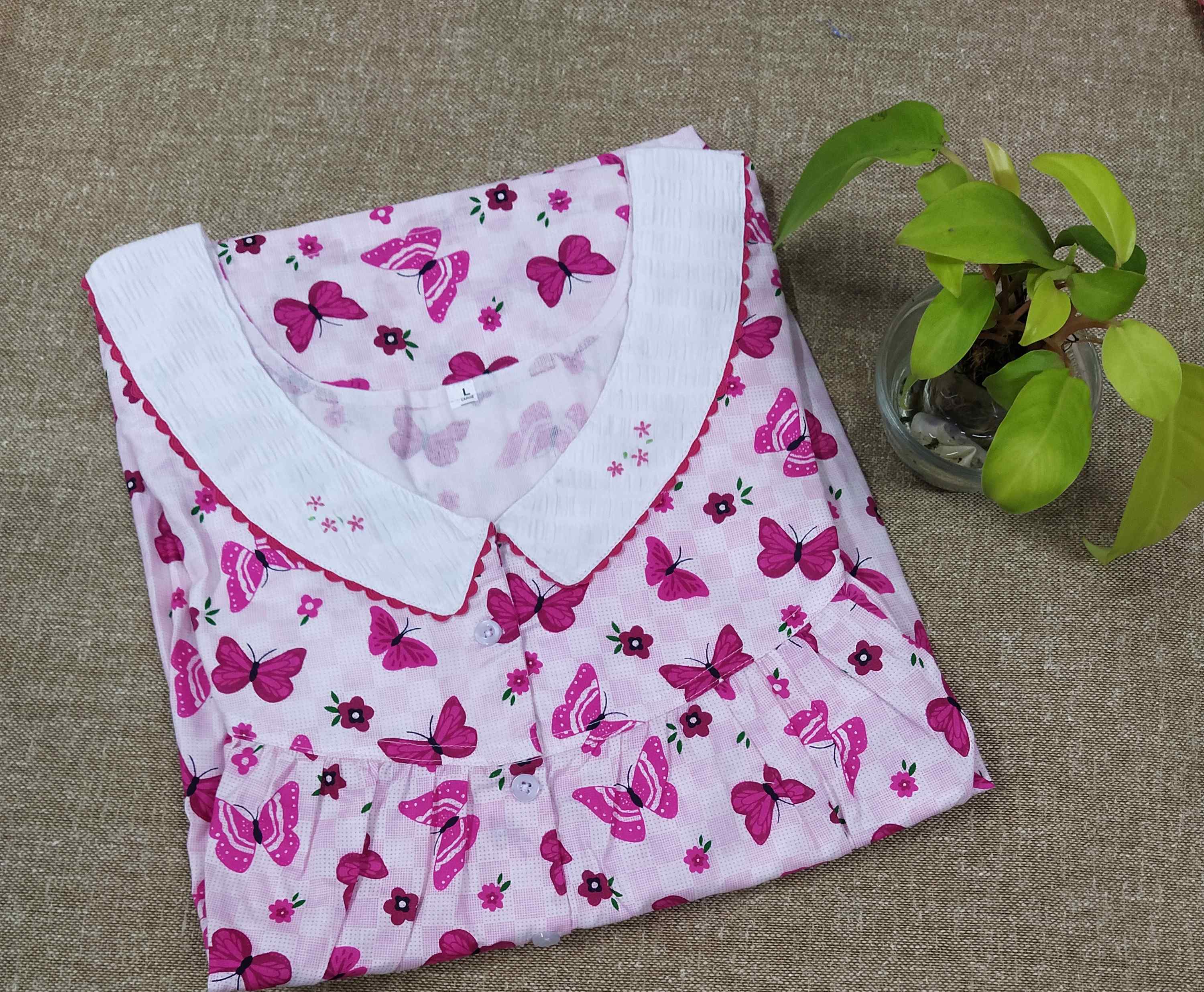 Cotton With Pockets, Half Open Large Printed Nighty