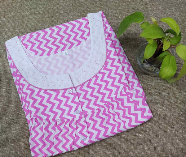 Cotton With Pockets, Half Open Large Printed Nighty