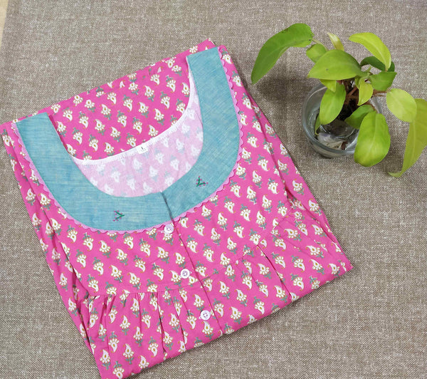 Soft Cotton With Pockets, Half Open Large Printed Nighty