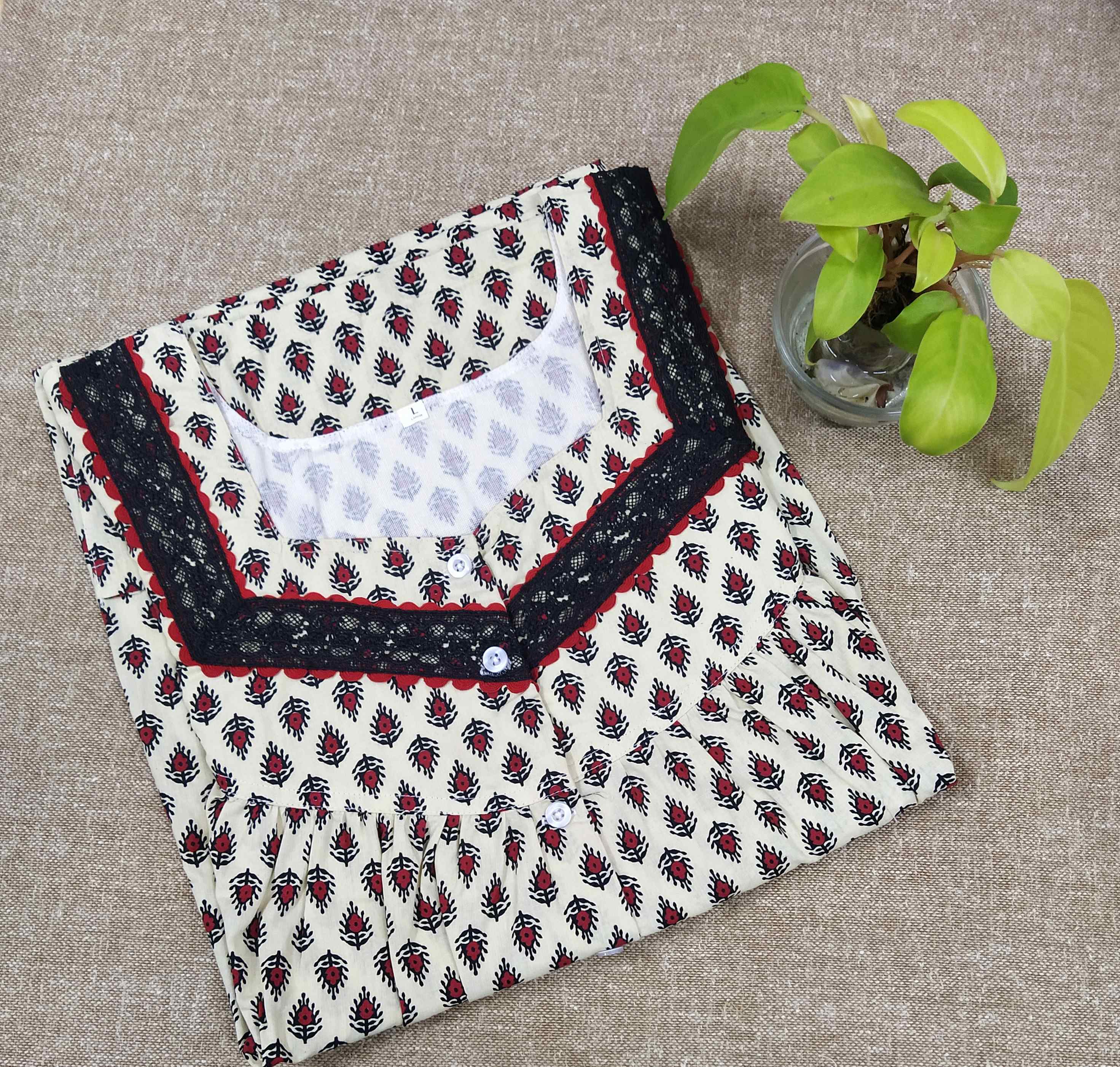 Cotton With Pockets, Half Open Large Printed Nighty
