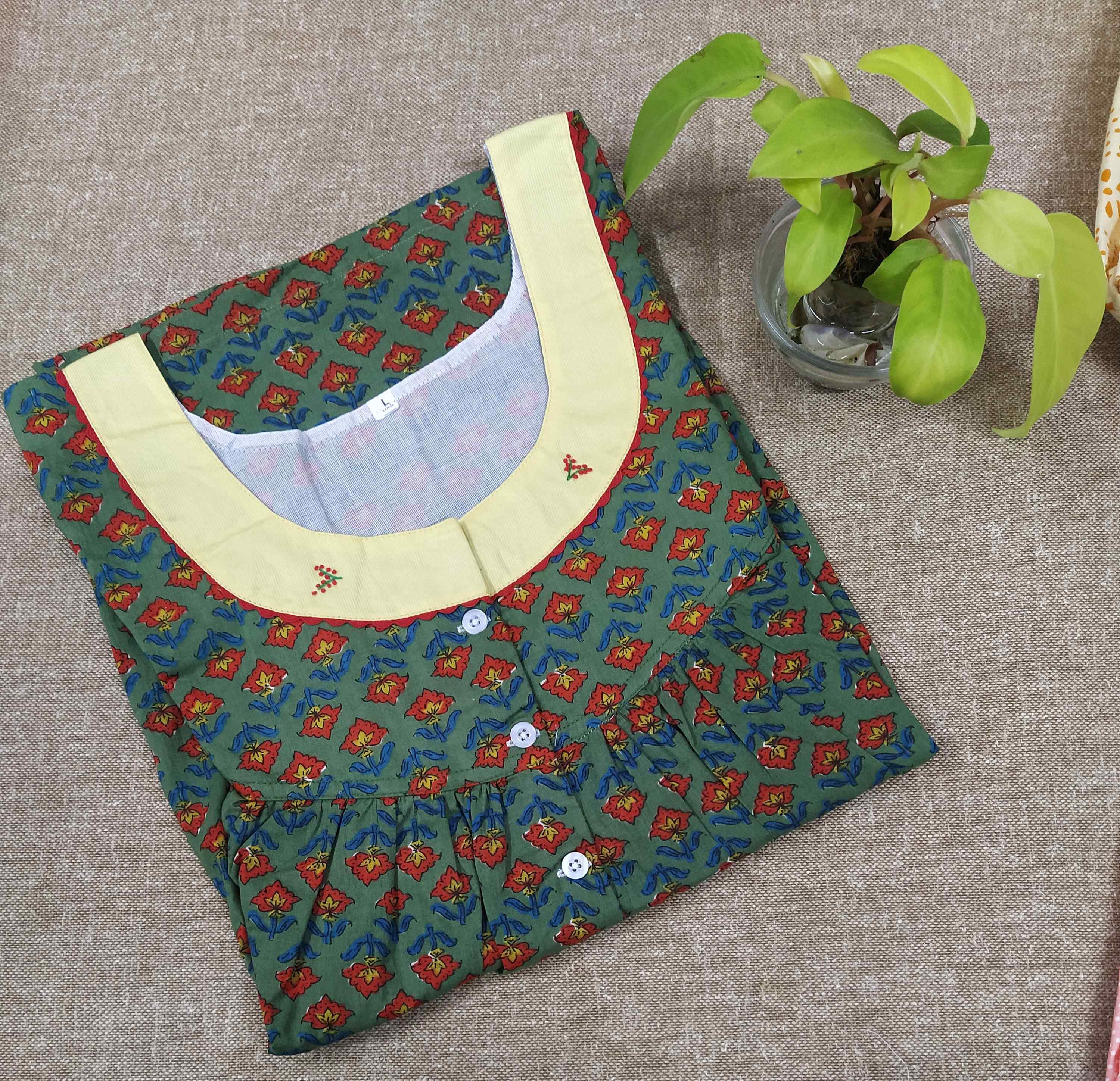 Soft Cotton With Pockets, Half Open Large Printed Nighty