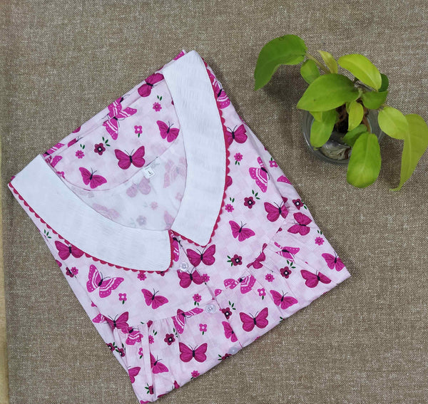 Cotton With Pockets, Half Open Large Printed Nighty