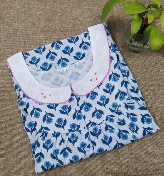 Cotton With Pockets, Half Open Large Printed Nighty