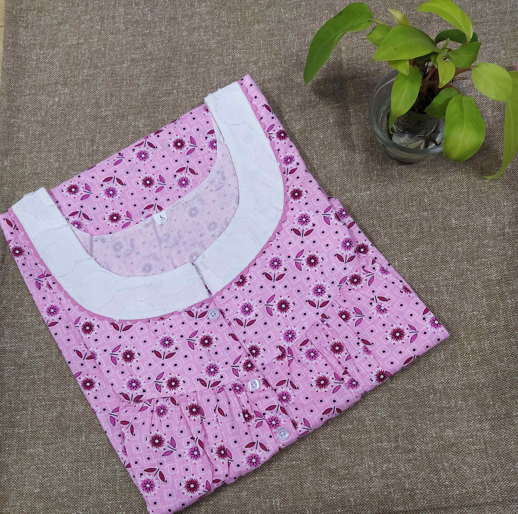 Cotton With Pockets, Half Open Large Printed Nighty
