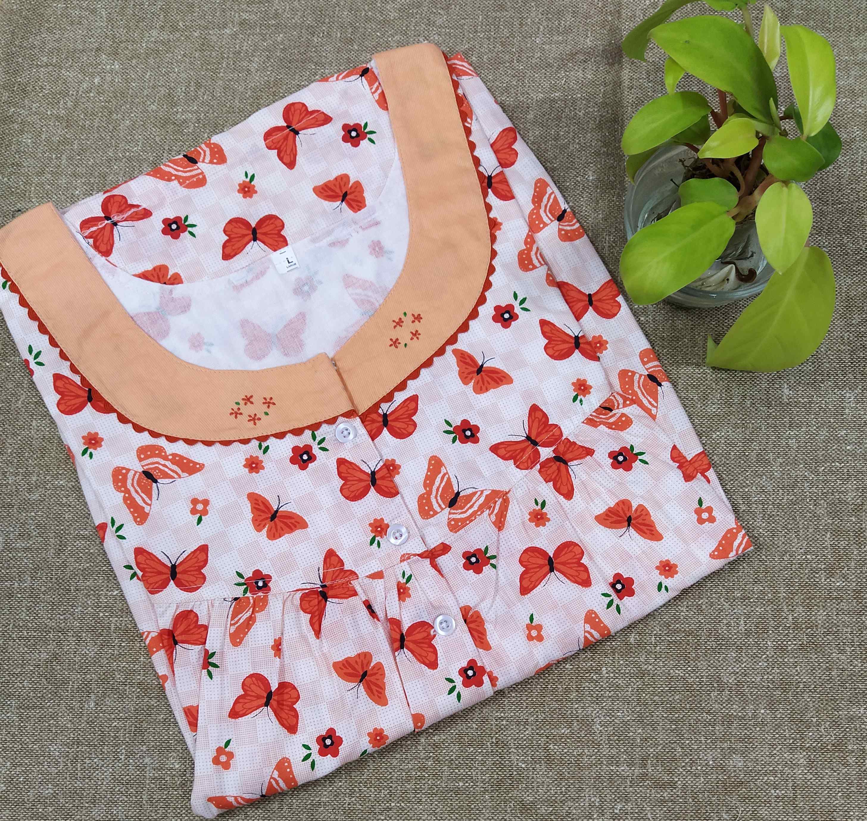 Cotton With Pockets, Half Open Large Printed Nighty