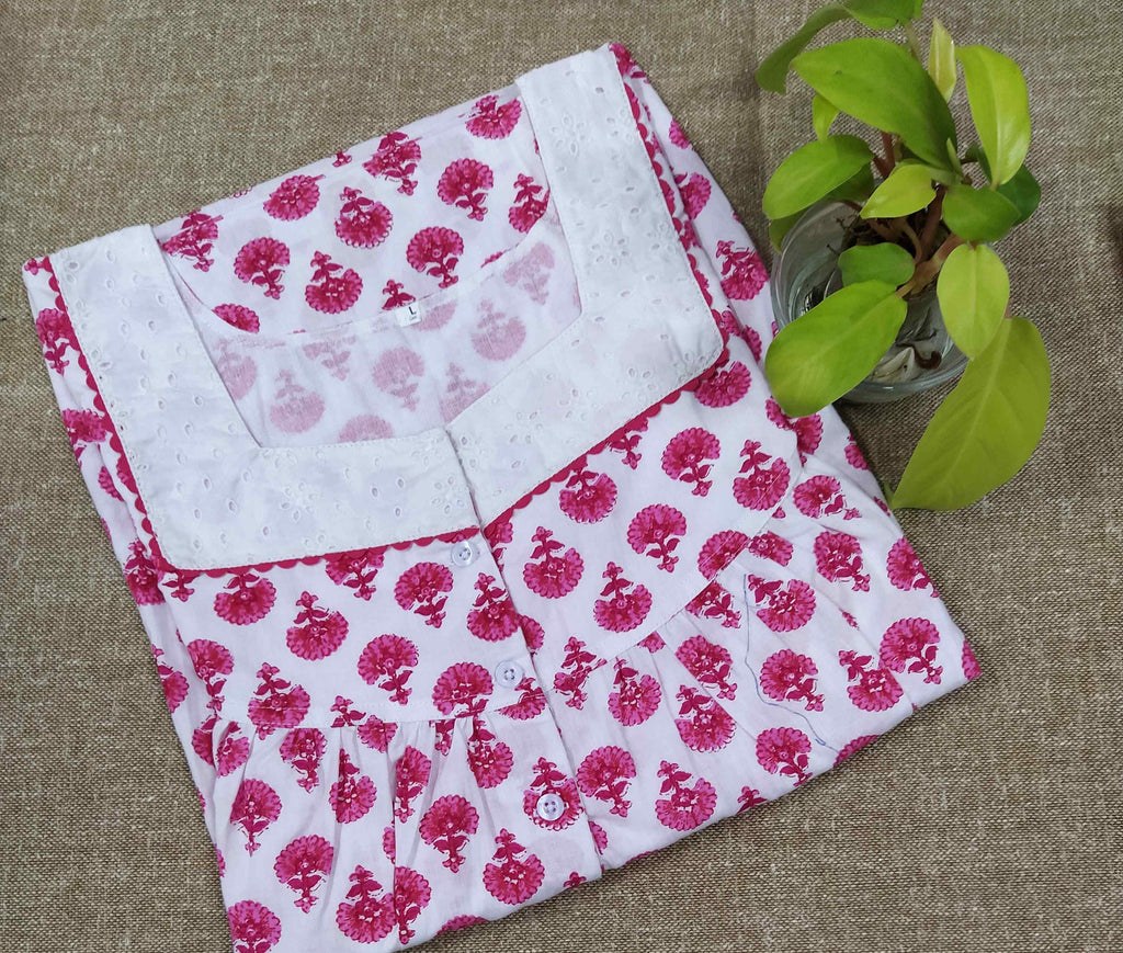 Cotton With Pockets, Half Open Large Printed Nighty