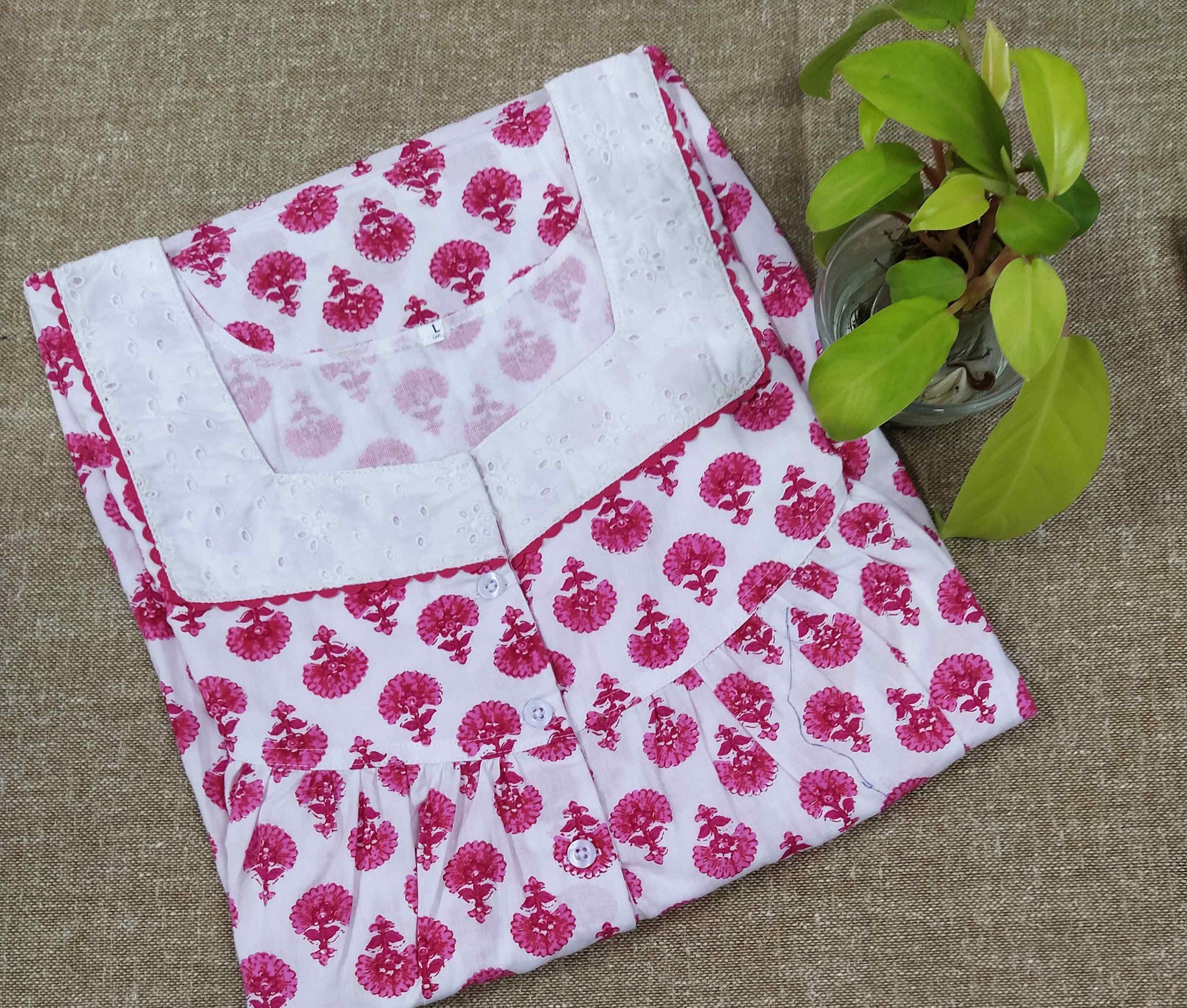 Cotton With Pockets, Half Open Large Printed Nighty