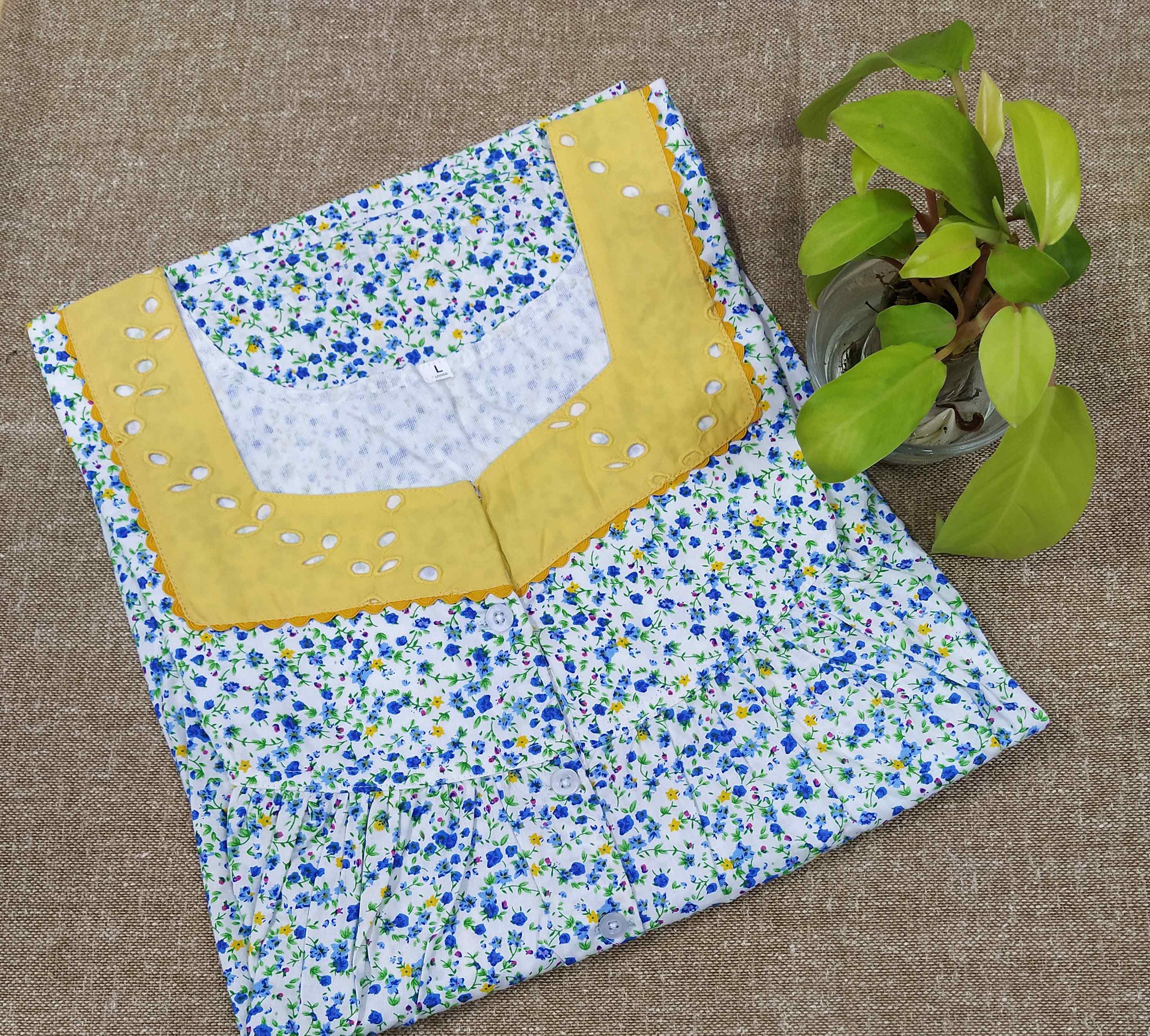 Cotton With Pockets, Half Open Large Printed Nighty
