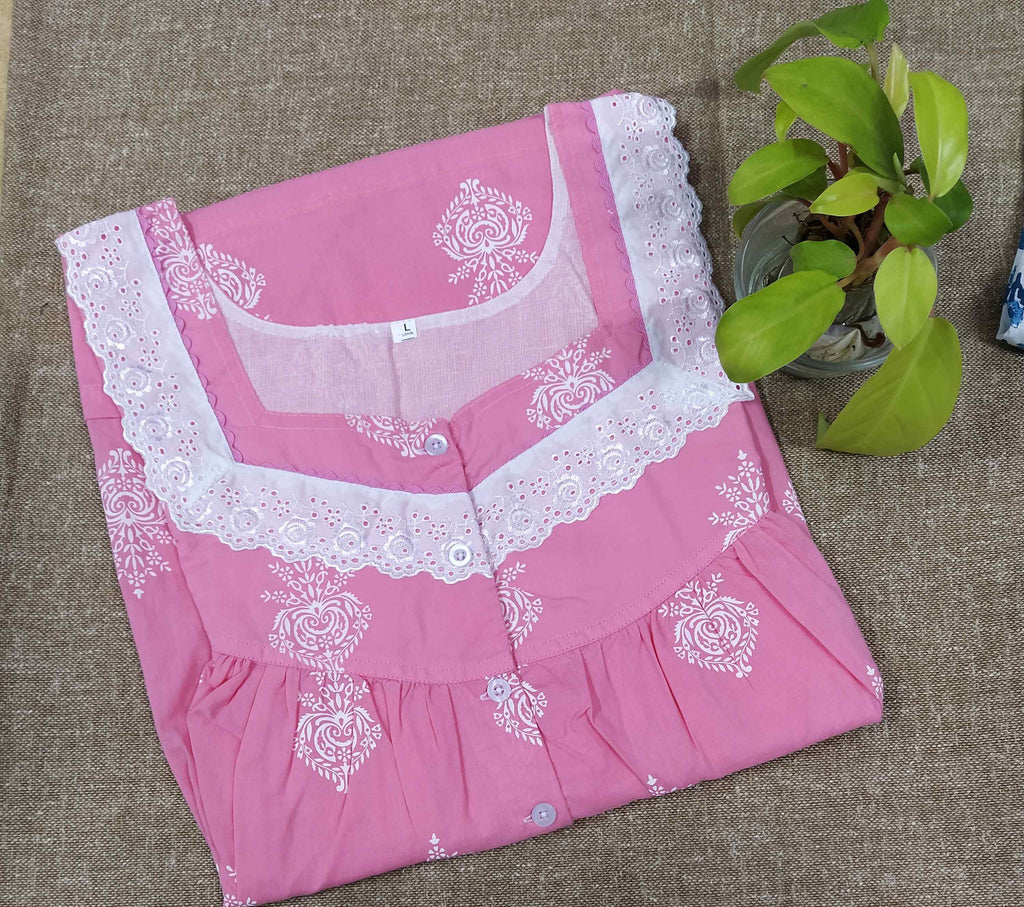 Soft Cotton With Pockets, Half Open Large Printed Nighty