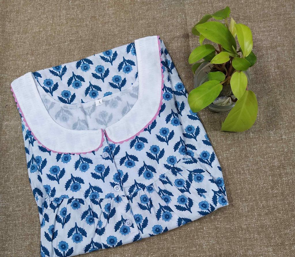 Cotton With Pockets, Half Open Large Printed Nighty