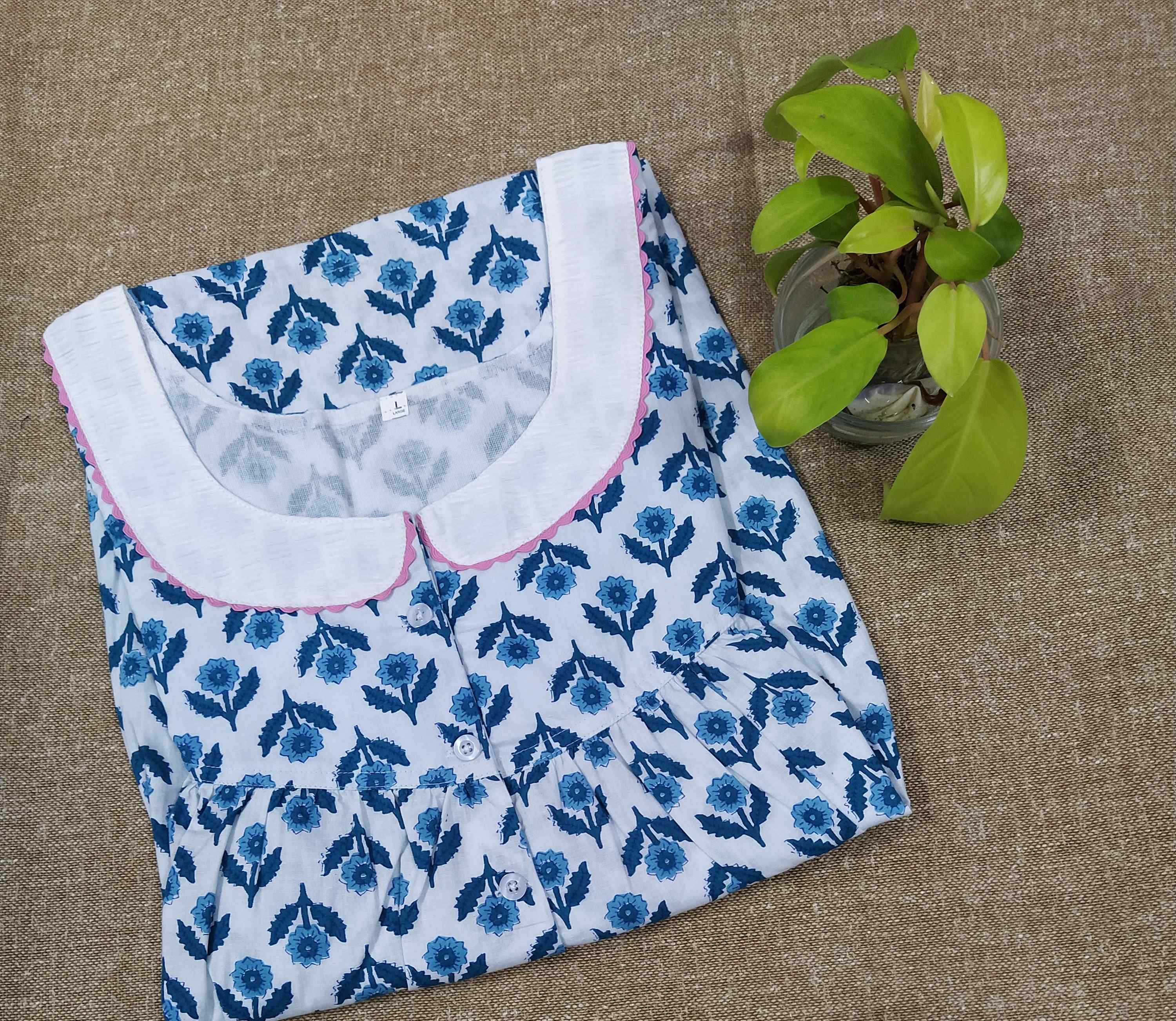 Cotton With Pockets, Half Open Large Printed Nighty