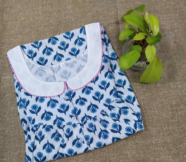 Cotton With Pockets, Half Open Large Printed Nighty