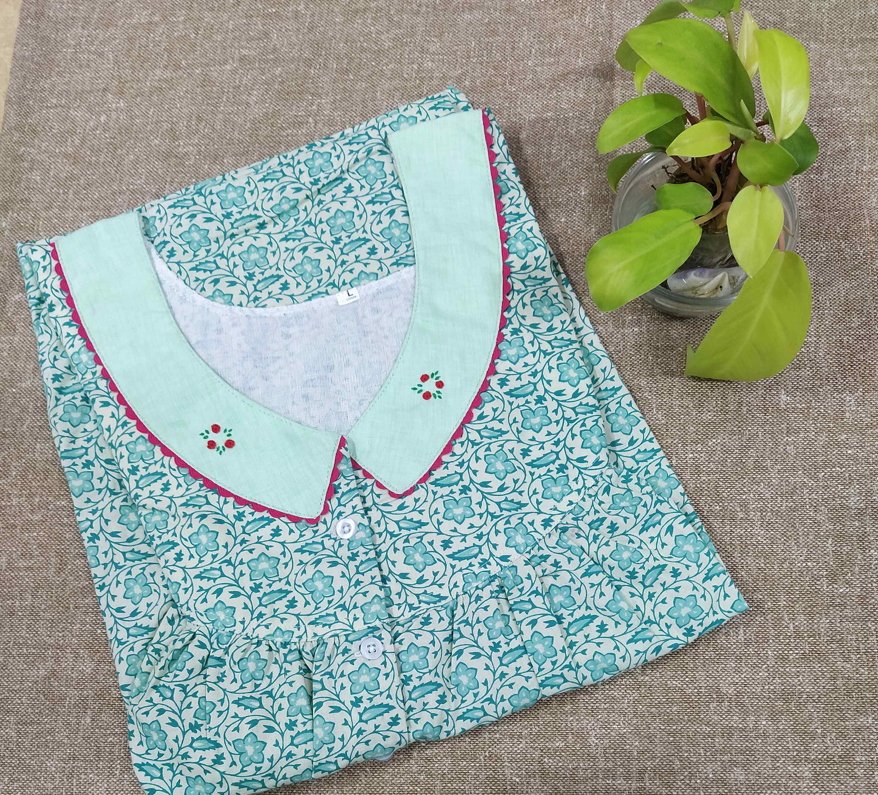 Cotton With Pockets, Half Open Large Printed Nighty
