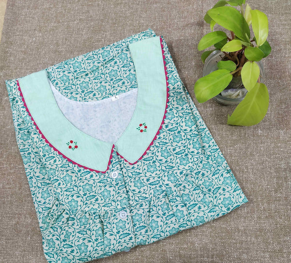 Cotton With Pockets, Half Open Large Printed Nighty
