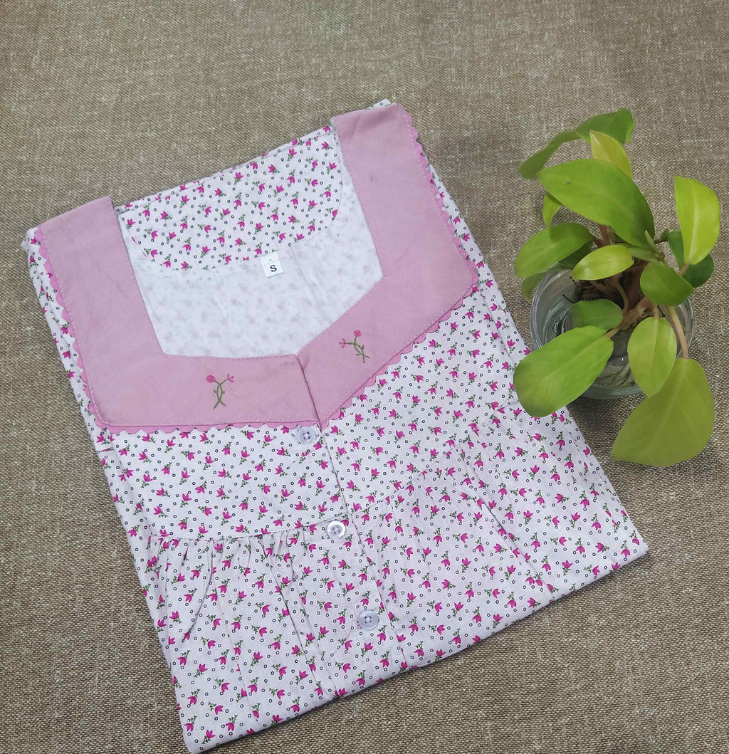 Cotton With Pockets, Half Open Small Printed Nighty