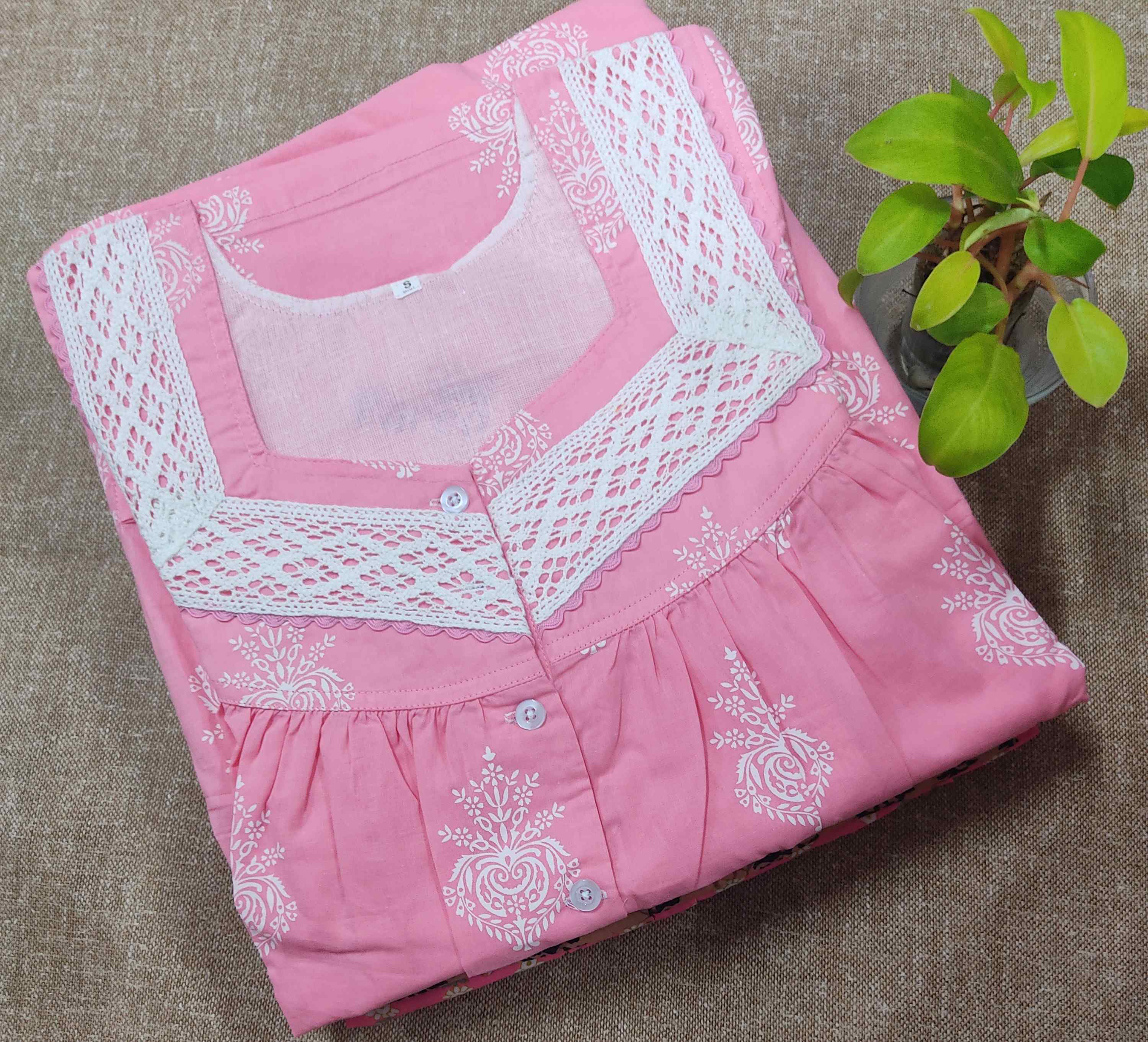 Soft Cotton With Pockets, Half Open Small Printed Nighty